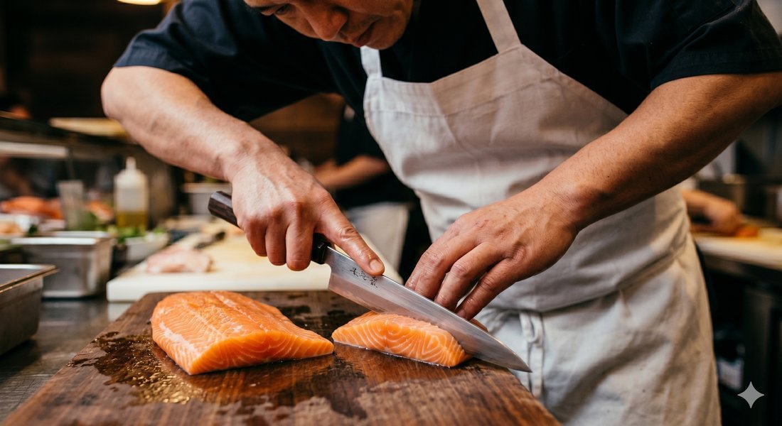 Chef préparant un sushi à la main — restaurant japonais Montréal agence web Nextiweb